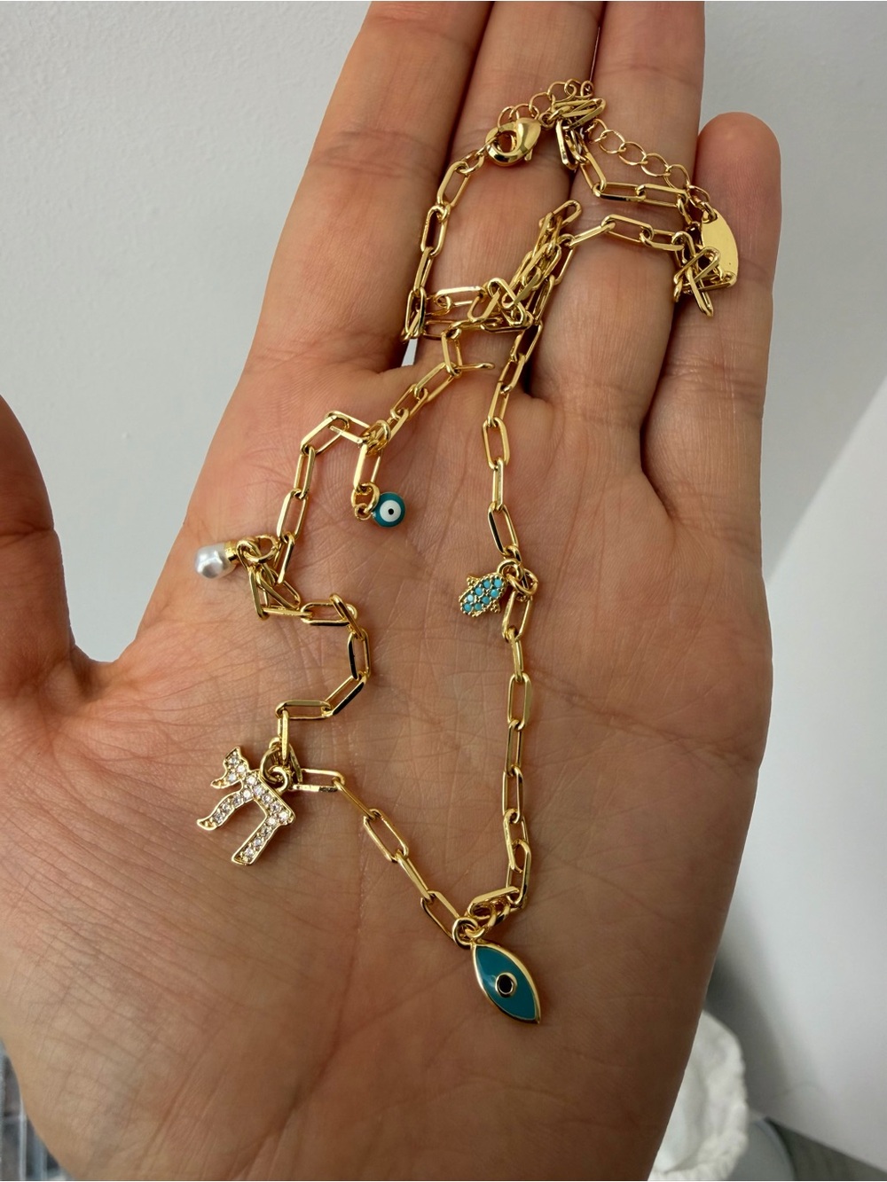 Judaica Chai Layered Charm Necklace Gold & Blue